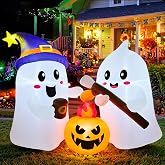 6FT Couple Campfire Ghost Halloween Inflatable Decorations Outdoor with LED | Cute Blow Up Ghost Roasts Cotton Candy Over Campfire, Halloween Blow Up Yard Decoration for Holiday Party Garden Lawn Decor