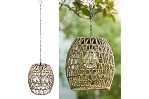 LAREKOOK Outdoor Solar Hanging Lantern, Natural Seeweed Rattan Bamboo Woven Porch Patio Gazebo Pendent Chandelier Light Decorative Solar Powered Hanging Lamp for Front Door Garden