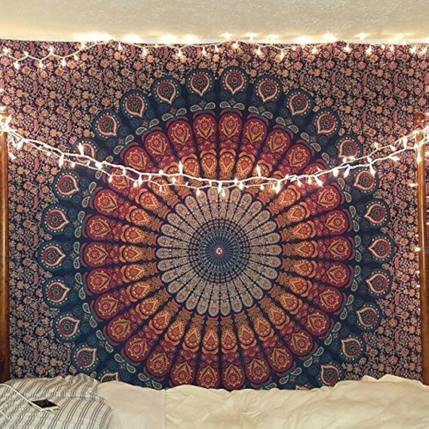 Bless International Indian hippie Bohemian Psychedelic Peacock Mandala Wall hanging Bedding Tapestry (Golden Blue, 101.60L X 76.20W cm)