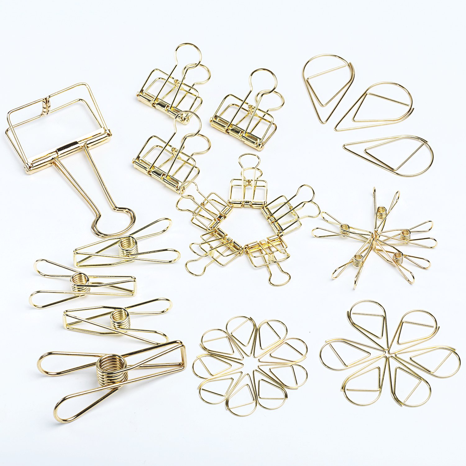 Draymond Story 9 Pcs Binder Clips, 9 Pcs Skeleton Clips, 18 Pcs Paper Clips, Mix Size Yellow Gold with Plastic Storage Case
