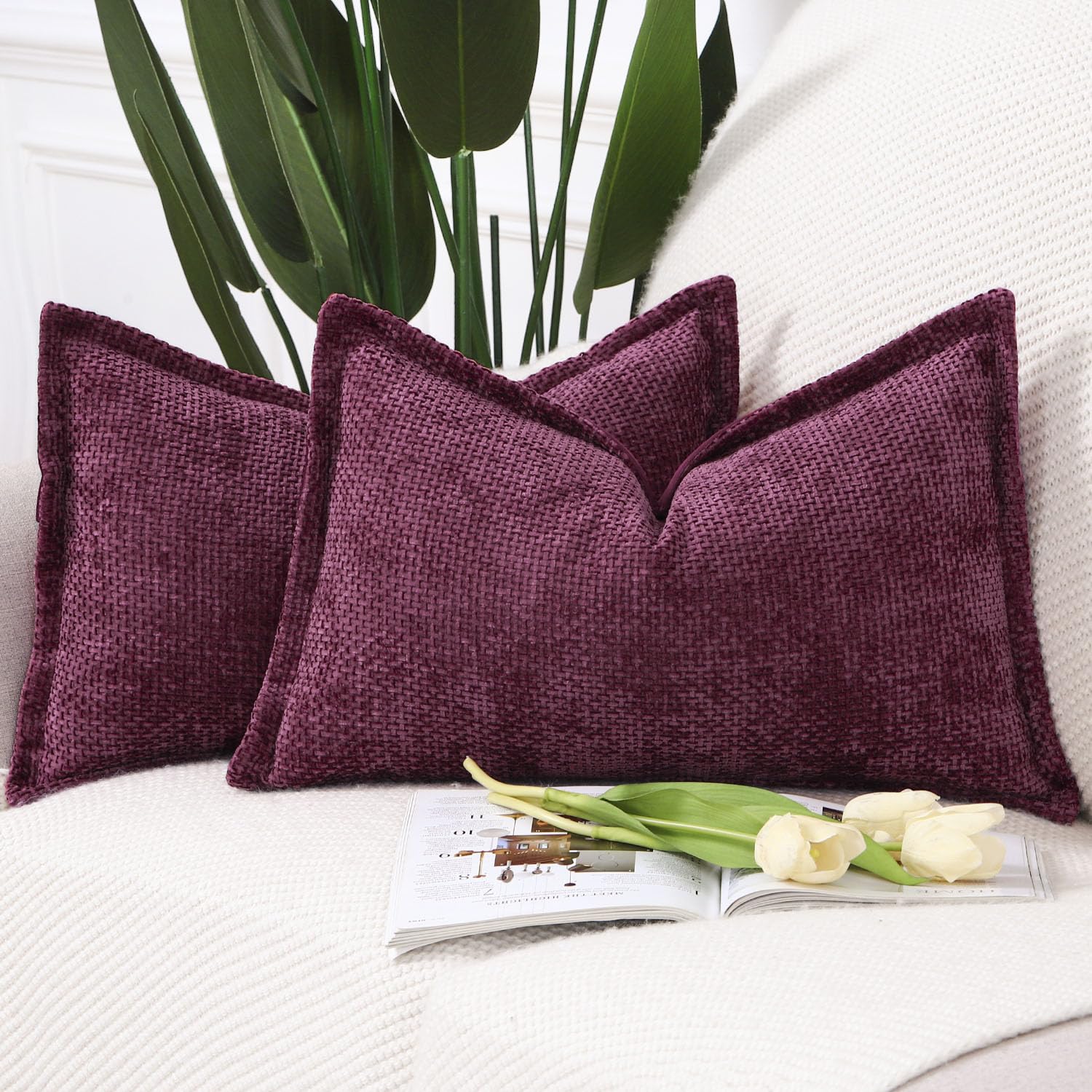 Madizz Set of 2 Chenille Velvet Cushion Covers with Flange Soft Boho Textured Throw Pillow Covers Broadside Pillowcases Modern Farmhouse Home Decor for Sofa Bedroom Burgandy 12x20 inch, 30x50 cm