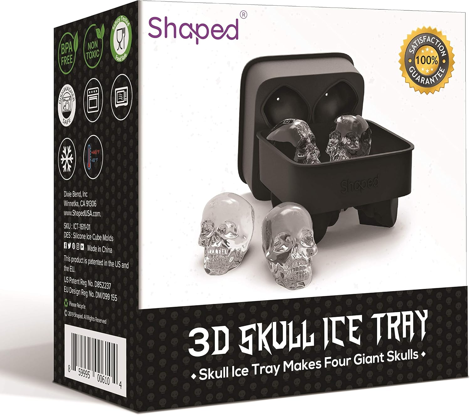 3D Skull Flexible Silicone Ice Cube Mold Tray, Makes Four Giant Skulls, Round Ice Cube Maker (Black): Kitchen & Dining