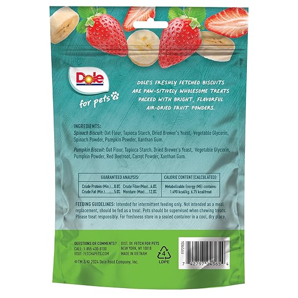 DOLE FOR PETS DOG BISCUITS ASSORTED BANANA + STRAWBERRY MIX, REAL FRUIT FLAVOR VEGAN CRUNCHY TREATS, NO WHEAT CORN SOY OR ARTIFICIAL ADDITIVES, BITE SIZE TRAINING SNACKS FOR DOGS, 7 OZ