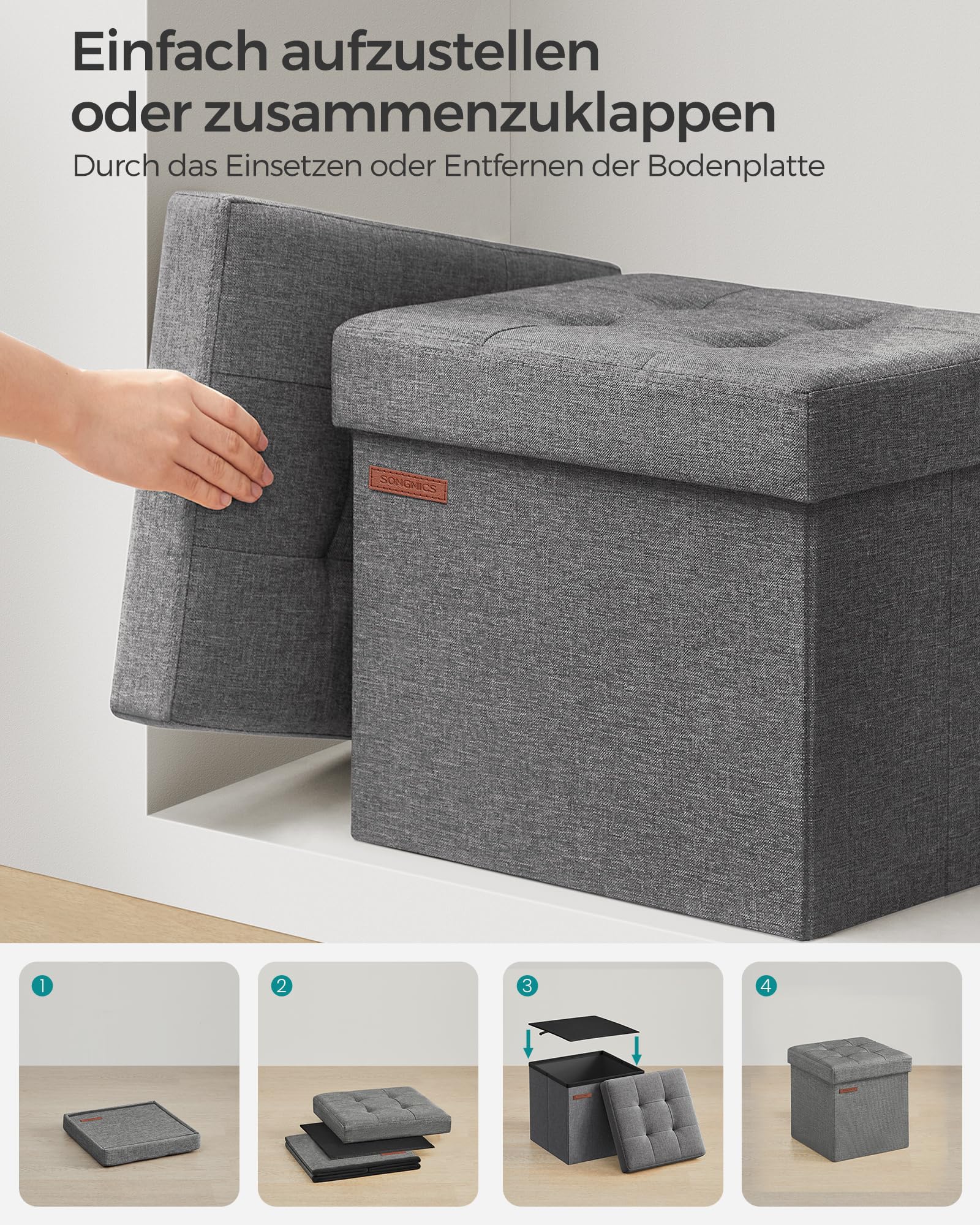 SONGMICS Aufbewahrungshocker, klein, faltbar, 30 x 30 cm, würfelförmiger Fußhocker mit Aufbewahrung, belastbar bis 130 kg, für Wohnzimmer, Schlafzimmer, Schlafsaal, Dunkelgrau LSF028G01 8