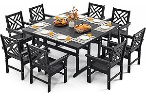 AXMOLM 10 Piece HDPE Outdoor Dining Set for 8, Patio HDPE Furniture Set with 2 Table and Umbrella Hole, Outdoor Table and Chairs for Garden, Poolside, Backyard, Deck