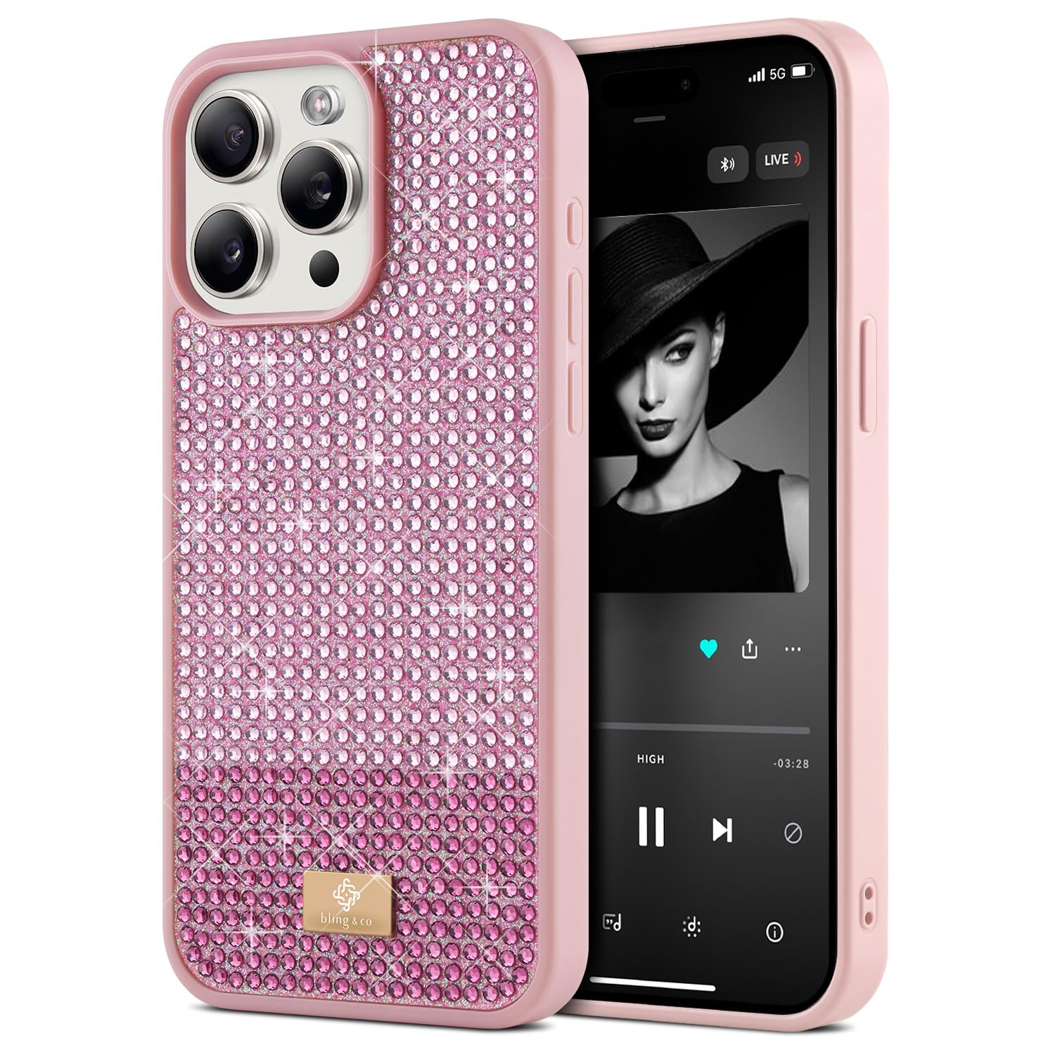 BEZ Case for iPhone 15 Pro Max Case Glitter, with Bling & Co. Series, Sparkle Diamond Crystal Bling Case Cover for iPhone 15 Pro Max, Taffy Pink