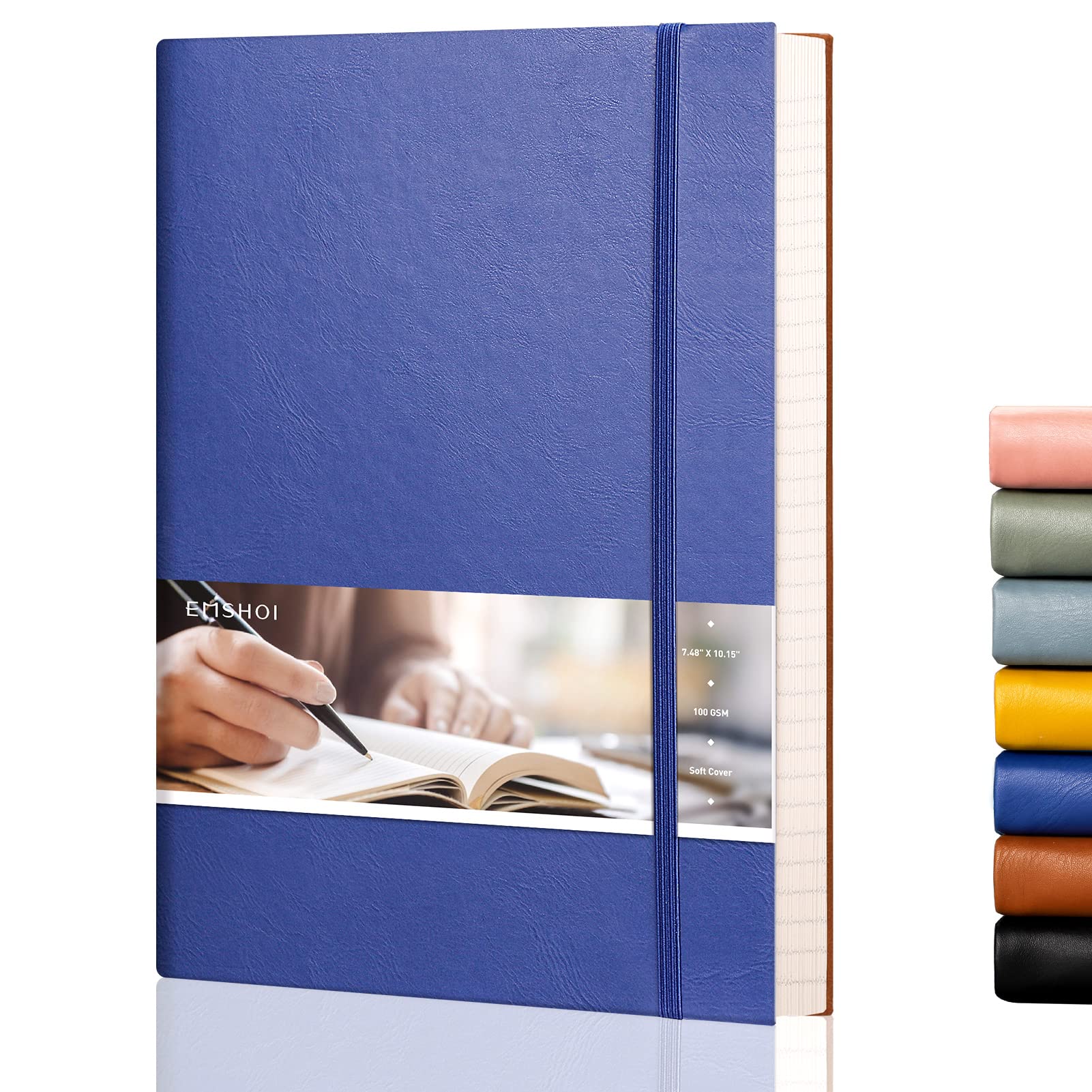EMSHOI B5 Notebook Lined Notepad - 19 x 25 cm Large Leather Journal with Sticky Notes, 204 Numbered Pages, 100gsm Lined Paper, Back Pocket, Softcover, Blue