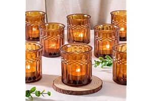 NITIME 8pcs Amber Votive Candle Holders, Large Tea Light Candle Holder Glass for Fall Table Decor, Amber Candle Holders for T