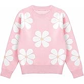 Girl's Floral Print Crew Neck Long Sleeve Knitted Pullover Fall Winter Sweater Jumper Tops