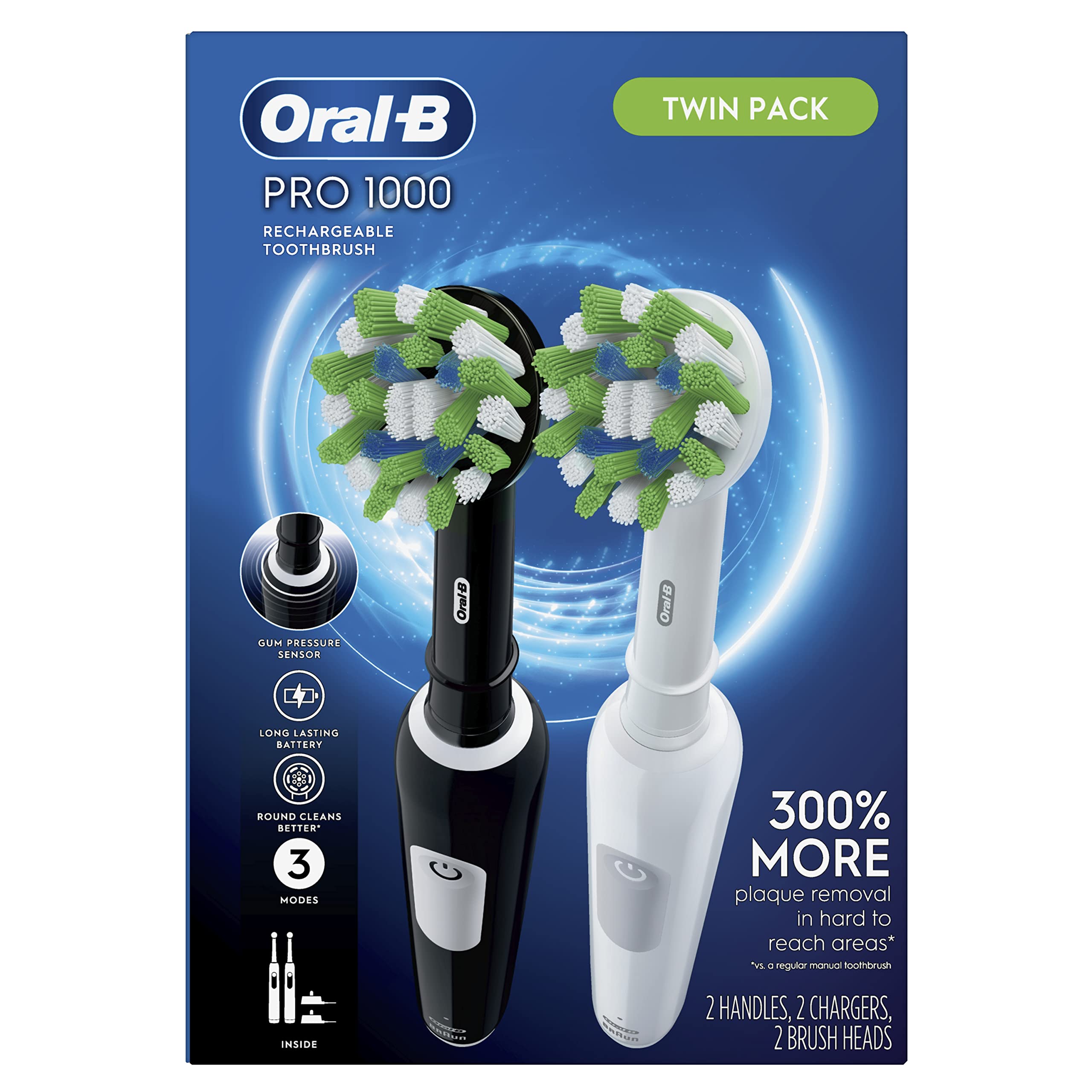 Oral-B Pro 1000 CrossAction Electric Toothbrush, Black and White, 2 ...