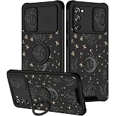 Goocrux (2in1 for Samsung Galaxy S20 FE 5G Case Moon Plants for Women Girls Cute Phone Cover Flower Heart Stars Space Design with Slide Camera Cover+Ring Holder Fashion Black Cases for S20FE 6.5''