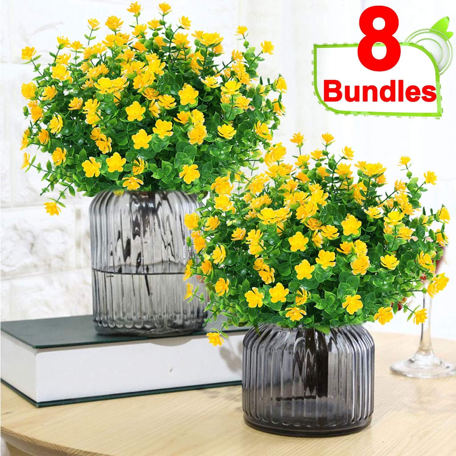 Funburg 8 Bundles Artificial Fake Flowers,UV Protection Shrubs Plants Indoor Outside,Hanging Planter Home Kitchen Garden Decor,Wedding Party Birthday Decorative Adjustable Artificial Fake Flowers
