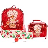 AI ACCESSORY INNOVATIONS Strawberry Shortcake 5 Piece Backpack Set, Flip Sequin Girls School Bag with Front Zip Pocket, 2 Side Mesh Pockets, Pink & Red