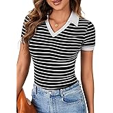 LYANER Women's Short Sleeve V Neck T Shirts Ribbed Knit Slim Fit Tee Top Collar Neck Polo Shirt