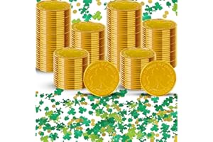 cssopenss 120 pcs St. Patrick's Day Gold Coins，Gold Shamrock Plastic Coins，St. Patrick's Day Gold Coins and Shamrock Confetti for Kids Party Theme Props Decorations
