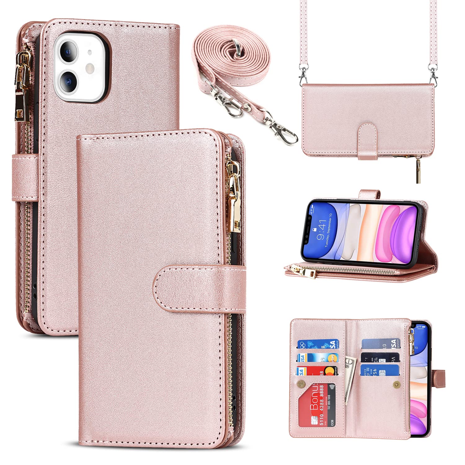 Cavor Crossbody iPhone 11 Case With Card Holder With Strap,Flip Leather Wallet Case,[9 Card Holder] Zipper Detachable Lanyard Phone Case Cover for Women for iPhone 11 - Rose Gold — image 1