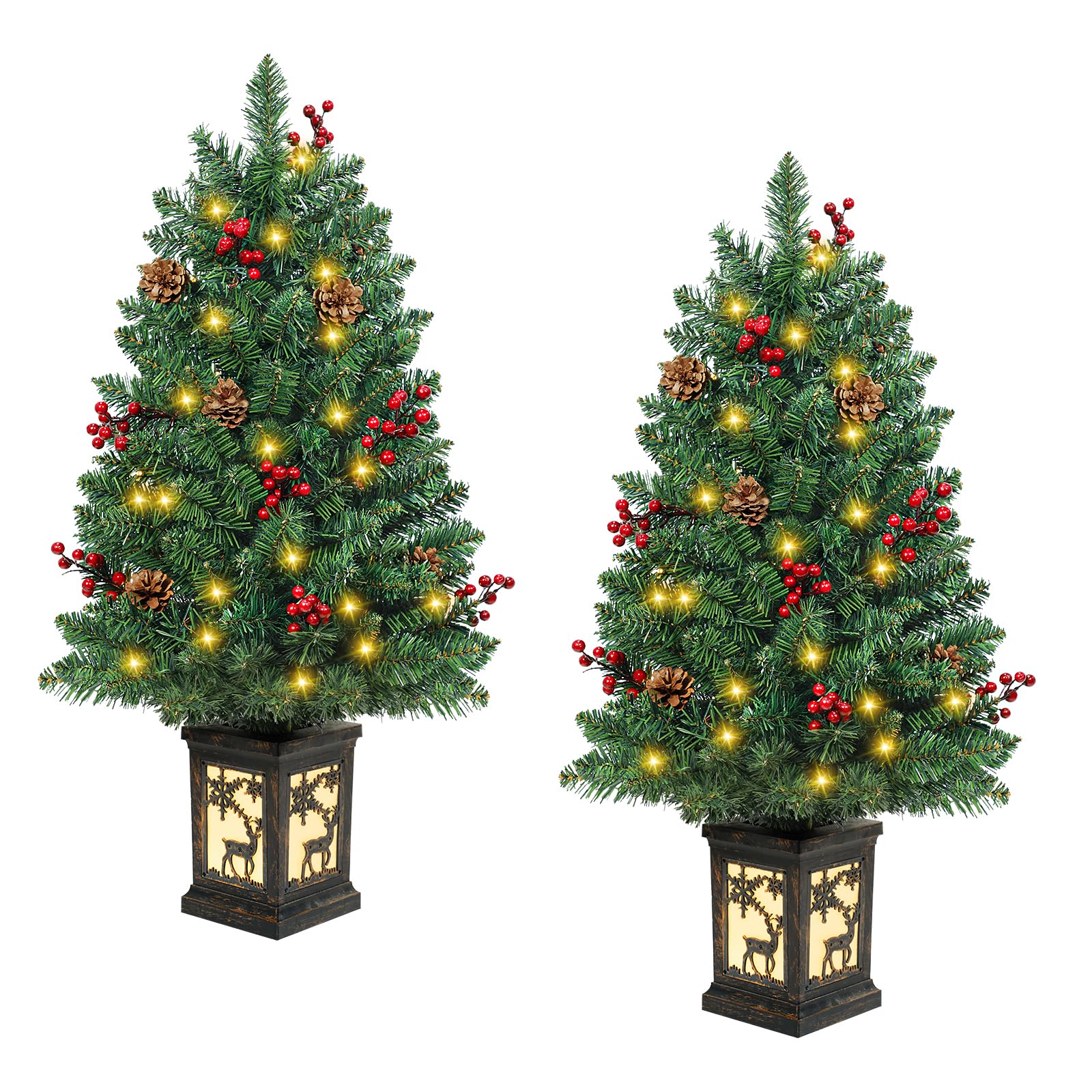 Photo 1 of 2PCS 3FT Christmas Tree with Lights Small Artificial Christmas Tree PVC Pre-lit Christmas with 78 Warm LED Tree Red Berries Pine Cone Tree for Party Indoor Outdoor Holiday Home Decoration