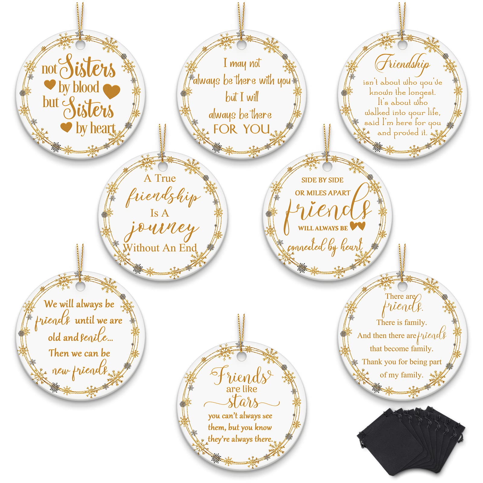View 1 of Pcs Christmas Friendship Plaque for Women Friends Ornament Keepsake Round Ceramic Hanging Plaque Encouraging Gifts with Golden Strings and Black Velvet Bags for Bestie Soul Sister