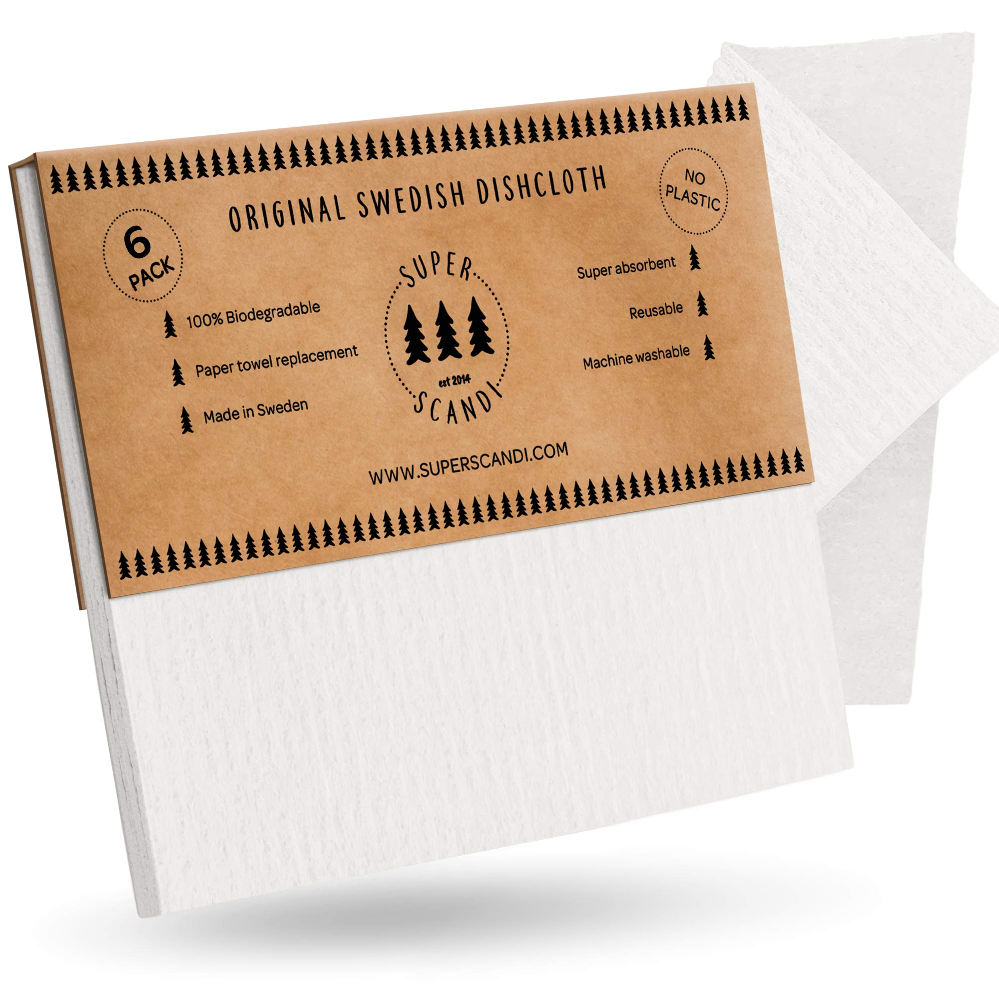 SUPERSCANDI 6 Pack Reusable Cleaning Cloths - 100% Biodegradable & Compostable Washable Swedish Dishcloth - Food-Safe & Plastic-Free Kitchen Cloth Suitable for Any Surface, White