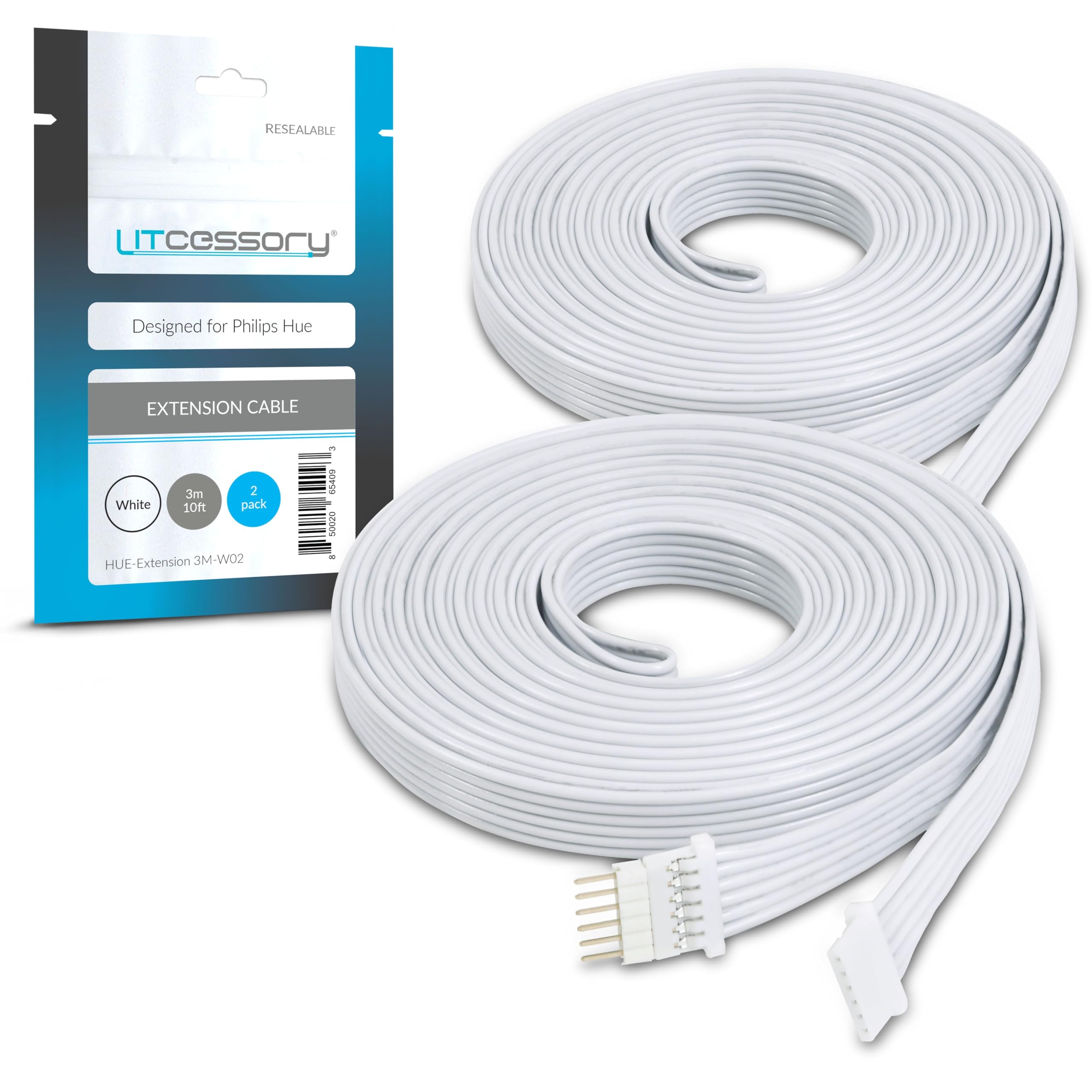 Litcessory Extension Cable for Philips Hue/Solo Lightstrip (3m, 2 Pack, White - MICRO 6-PIN V4 / Solo Lightstrip)