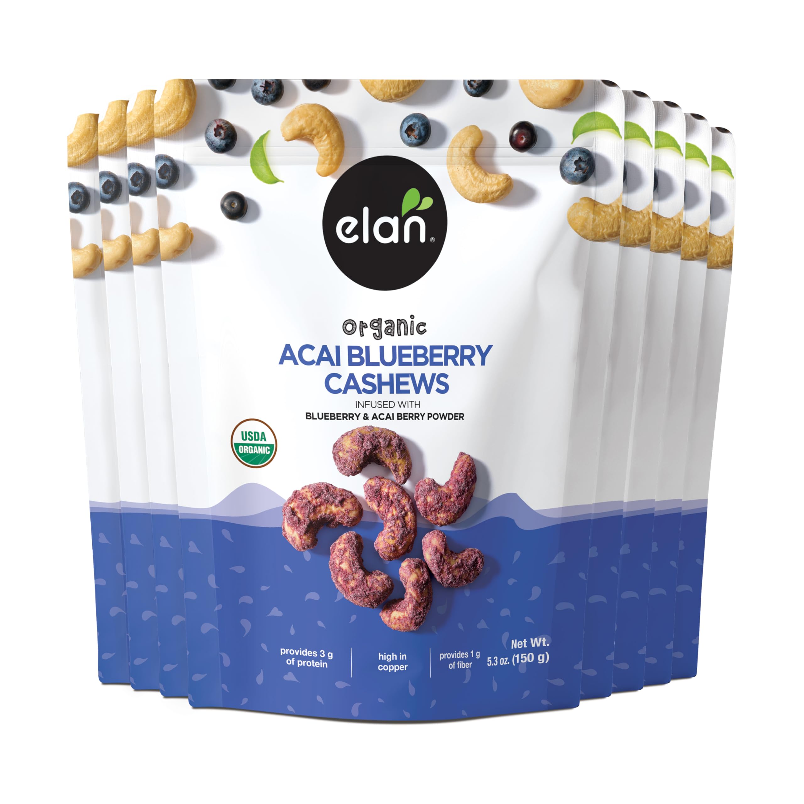 Elan Organic Acai Blueberry Cashews, Non-GMO, Vegan, Gluten-Free, Kosher, Glazed Nuts (Roasted Cashews, Acai Berry Powder, Blueberry Juice Powder), Superfood Infused Nuts, 8 pack of 5.3 oz Image