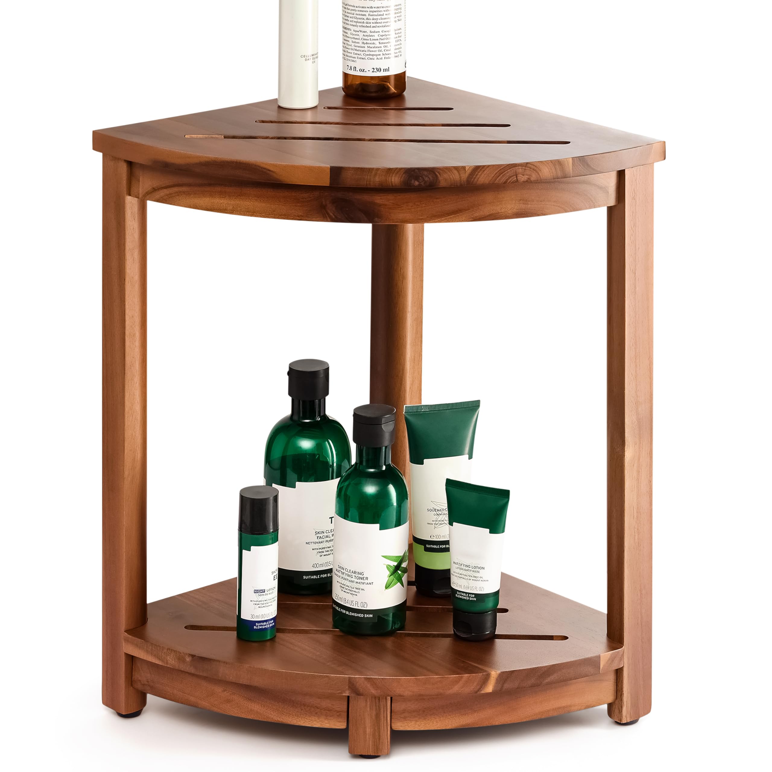 Photo 1 of HOLANA 18" Wood Corner Shower Bench & Corner Shower Stool with Storage Shelf - Footrest for Shaving Legs - Bath Step for Small Spaces - Perfect for Indoor or Outdoor (Acacia)