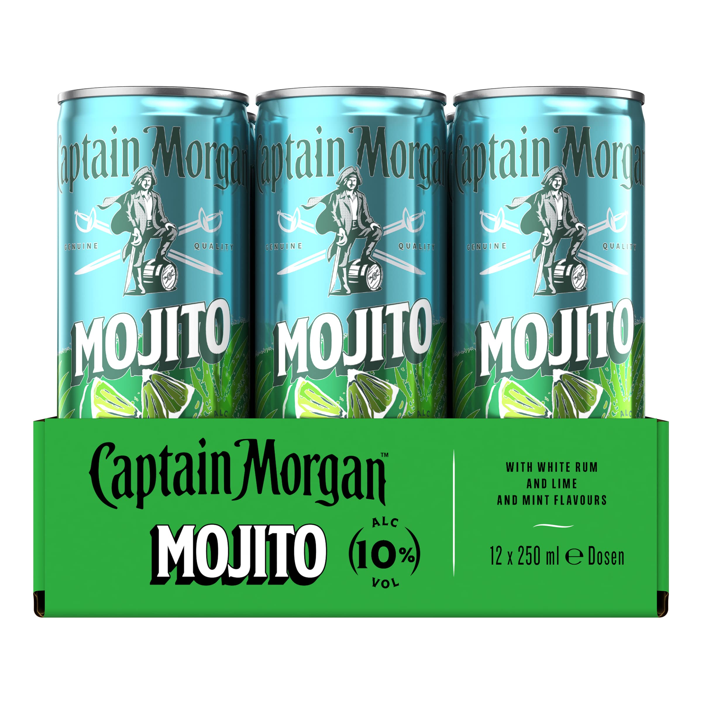 Captain Morgan White Rum Mojito, Erfrischendes Mixgetränk mit 10 Prozent Alkohol, 12 Dosen x 250 ml (EINWEG Verpackung), Weißer Rum mit Limetten- und Minzgeschmack für unterwegs 2