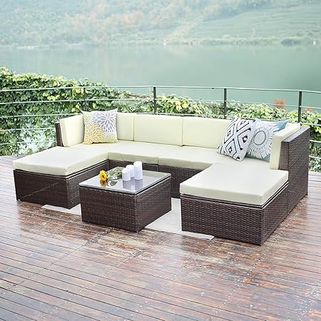 Wisteria Lane Outdoor Furniture 7 Piece Patio Wicker Sofa Set Washable Seat Cushions And Glass Coffee Table Brown