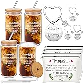 Teenyyou Friendship Gifts for Women 4 Set, Including 16 oz Glass Cups, Friends Makeup Bags and Keychains, Christmas Birthday Gifts for Coworker Sister Roommate(Classic)