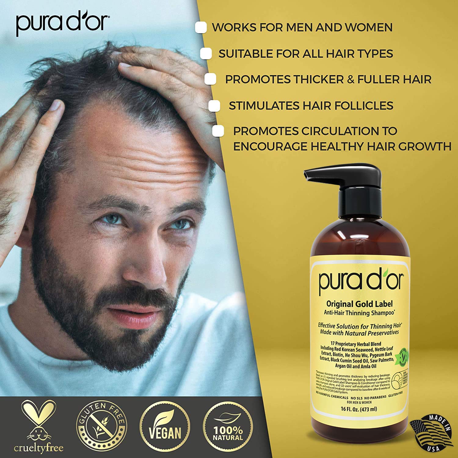 PURA D'OR Original Gold Label Anti-Thinning Biotin Shampoo (16oz) w/ Argan Oil, Nettle Extract, Saw Palmetto, Red Seaweed, 17+ DHT Herbal Actives, No Sulfates, Natural Preservatives, For Men & Women: Beauty