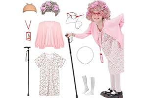 Aimeiar Kids 100 Days of School Costume for Girls, Old Lady Costume wig cardigan sweater and Granny Grandma Set for Child