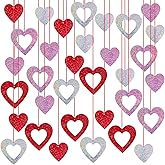 36pcs Valentine's Day Glitter Heart Swirl Hanging Decoration, Valentine Hearts Garland Heart Ceiling Decorations Valentines Day Hanging Ornaments for Home Party(Red, Pink, Silver)