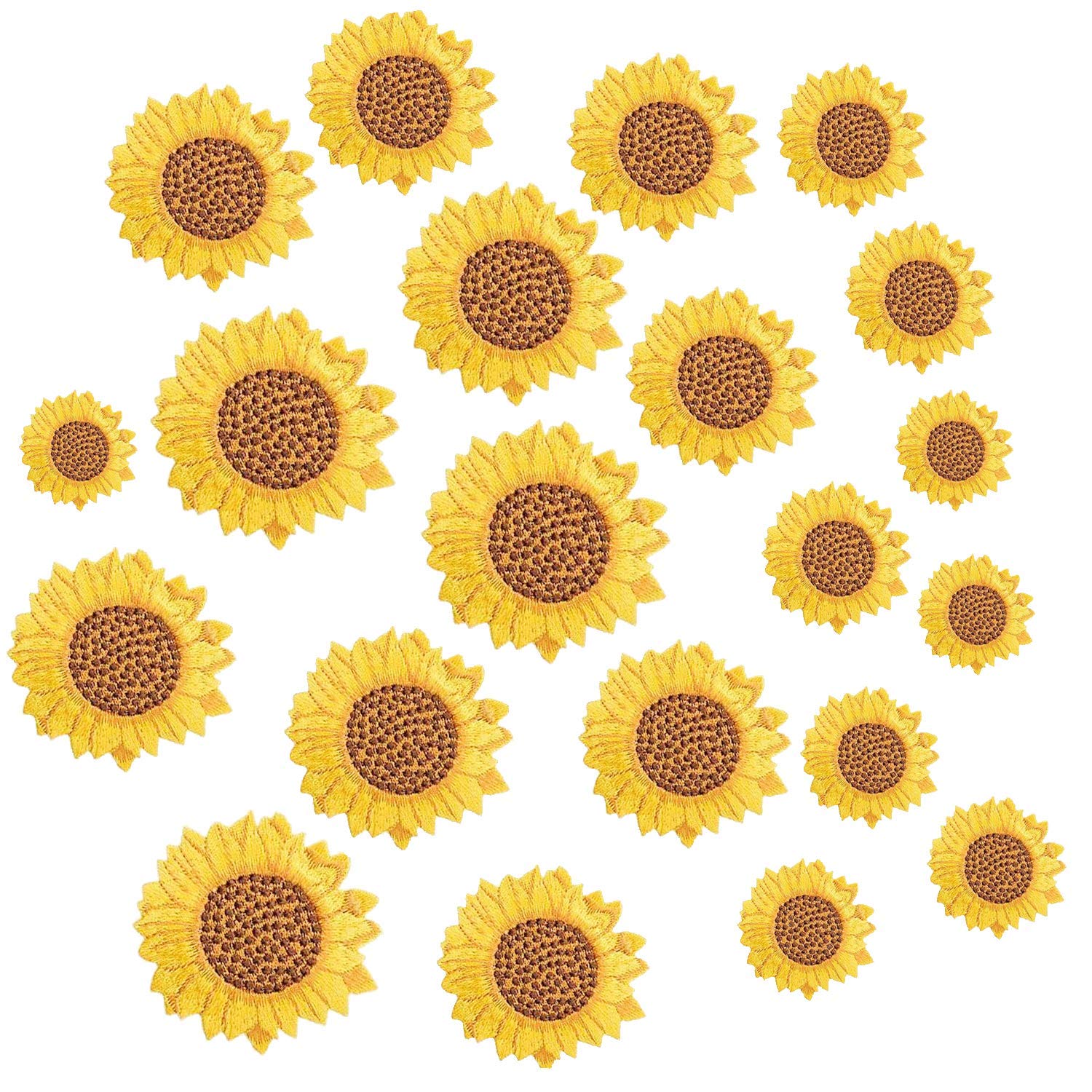 Photo 1 of U-Sky Sew or Iron on Embroidered Patches | Vibrant Sunflower Design with Brown Center | Bright Yellow Floral Style | DIY Craft Enthusiasts | Jackets Bags Hats | 7 Sizes (1.2"-3") 21PCs Pack