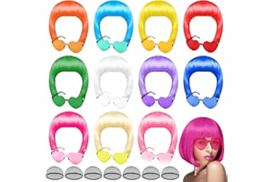 PLULON 12Pieces Colorful Wigs, Party Wigs and Sunglass Set, Neon Short Bob Wig Sunglass Pack Costume Colorful Cosplay Wig Daily Party Hairpieces Bachelorette Halloween Costume