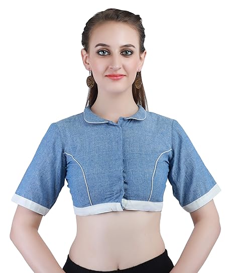 Handloom Pure Cotton Front-Open Blouse in Denim Blue
