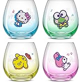 JoyJolt Hello Kitty & Friends Above the Clouds Stemless Drinking Glasses, 15 oz Ombre Glass Cup Set of 4 ft Hello Kitty Keroppi My Melody Pompompurin, Kawaii Kitchen Glassware Sets