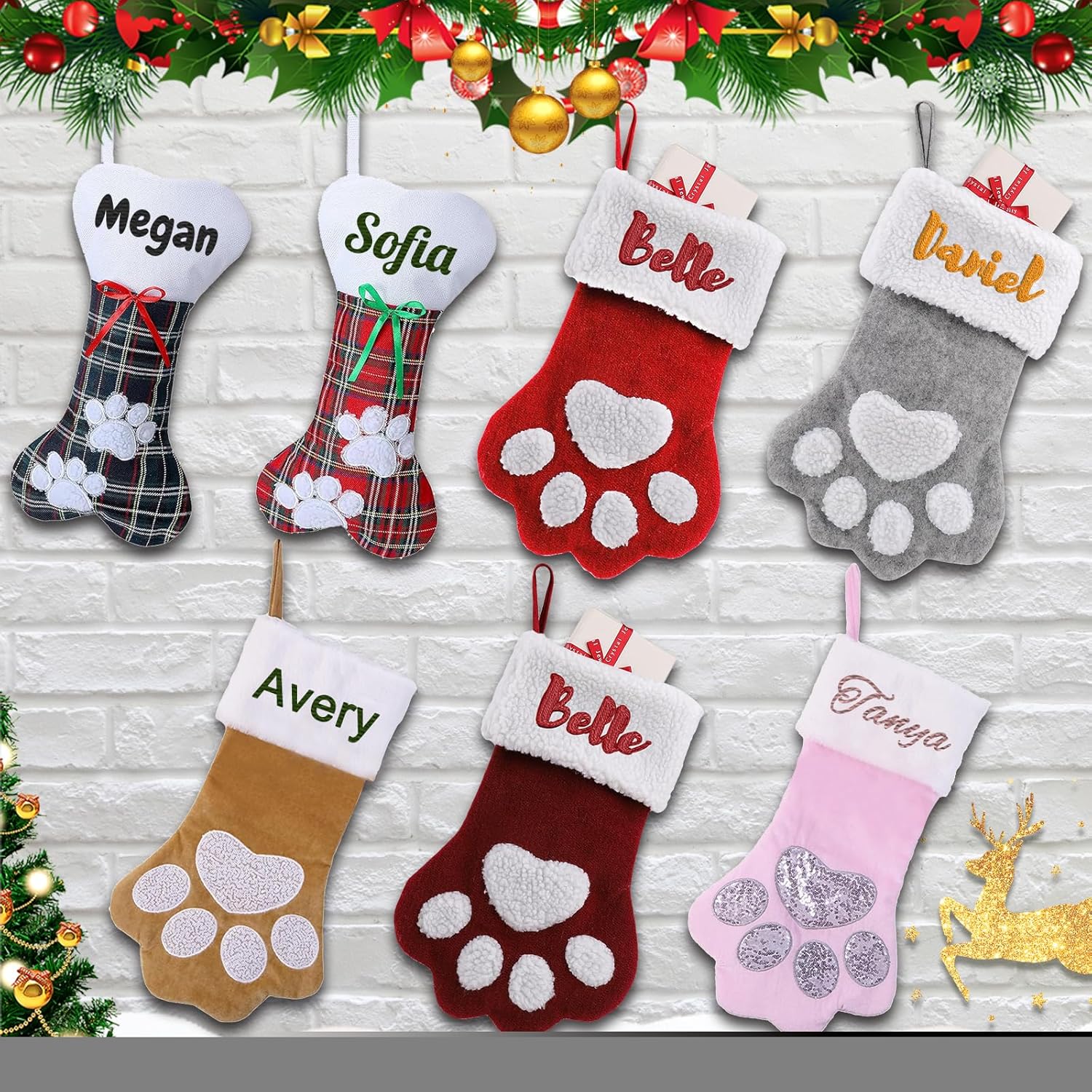 Stockings & Holders - Personalized Pet Christmas Stockings for Dogs Cats, Custom Embroidered Name Pet Paw Large Dog Bone Red Plaid Cuff Christmas Stockings Fireplace Hanging Stockings Hanging Decoration (1 pcs)