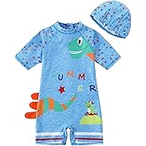 AIWUHE Boys One Piece Swimsuit Toddler Swimwear Rash Guard Suits Short Sleeve Zipper Bathing Suit Beach UPF 50+ with Hat 1-7Y