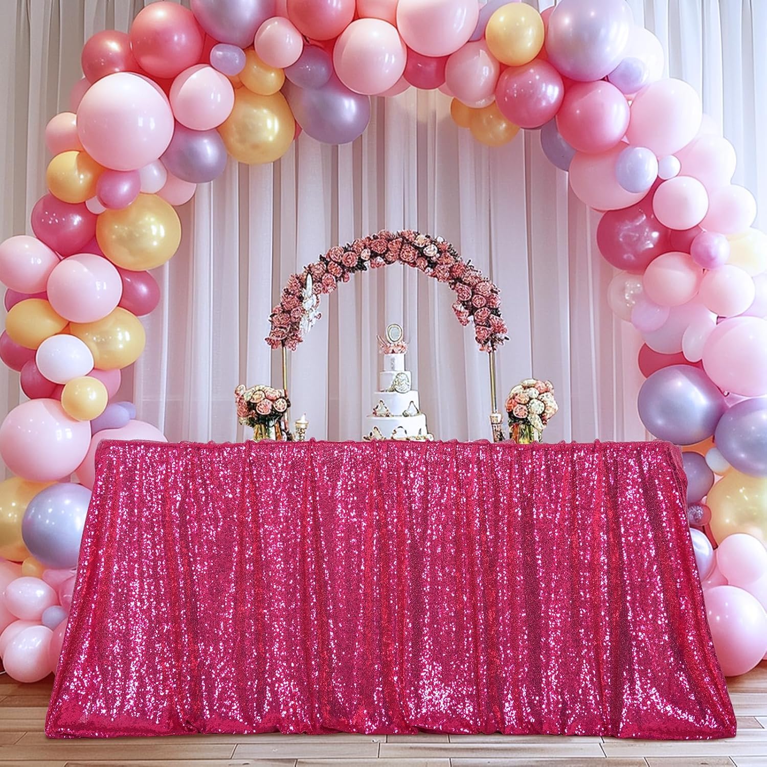 3E Home Hot Pink Sequin Tablecloth 125x200cm (50x80 Inches), Sparkly Rectangular Table Cover for Wedding, Party, Banquet — image 1