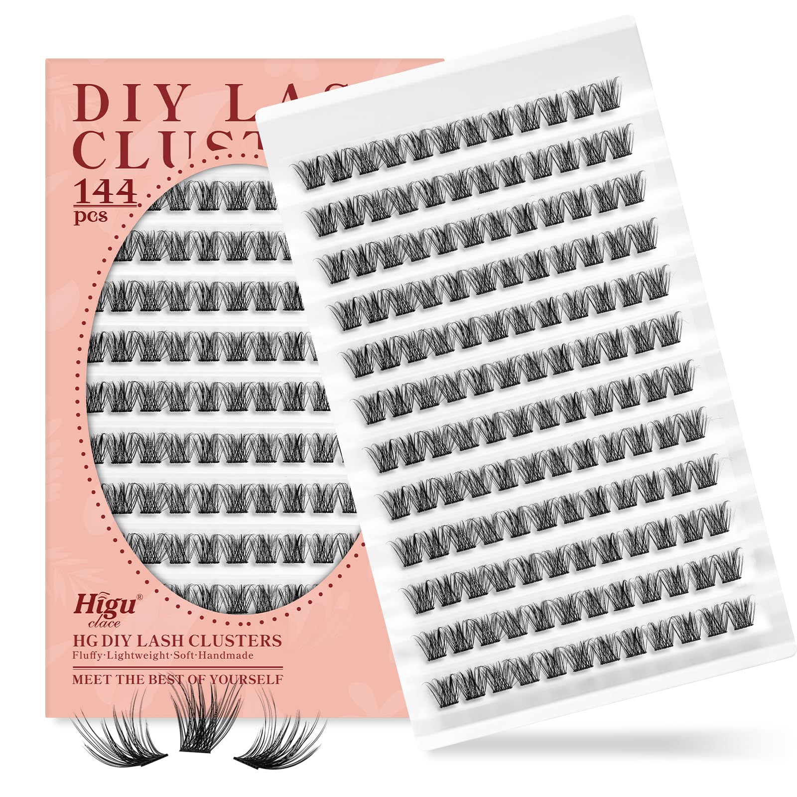 Higu clace Lash Clusters DIY Eyelash Extensions, 144pcs Individual Thin Band Wide Stem Lashes D Curl Natural Wispy 14mm Soft Reusable Curly False Lashes DIY At Home (Pretty01-14mm)