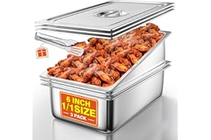 WantJoin Steam Table Hotel Pans with Lid 1/1 Full Size 6 Inch Deep 3 Pack, Stainless Steel Metal Tray Sets Food Storage Container, Commercial Restaurant Chafing Dishes Buffet Warmer Catering Supplies