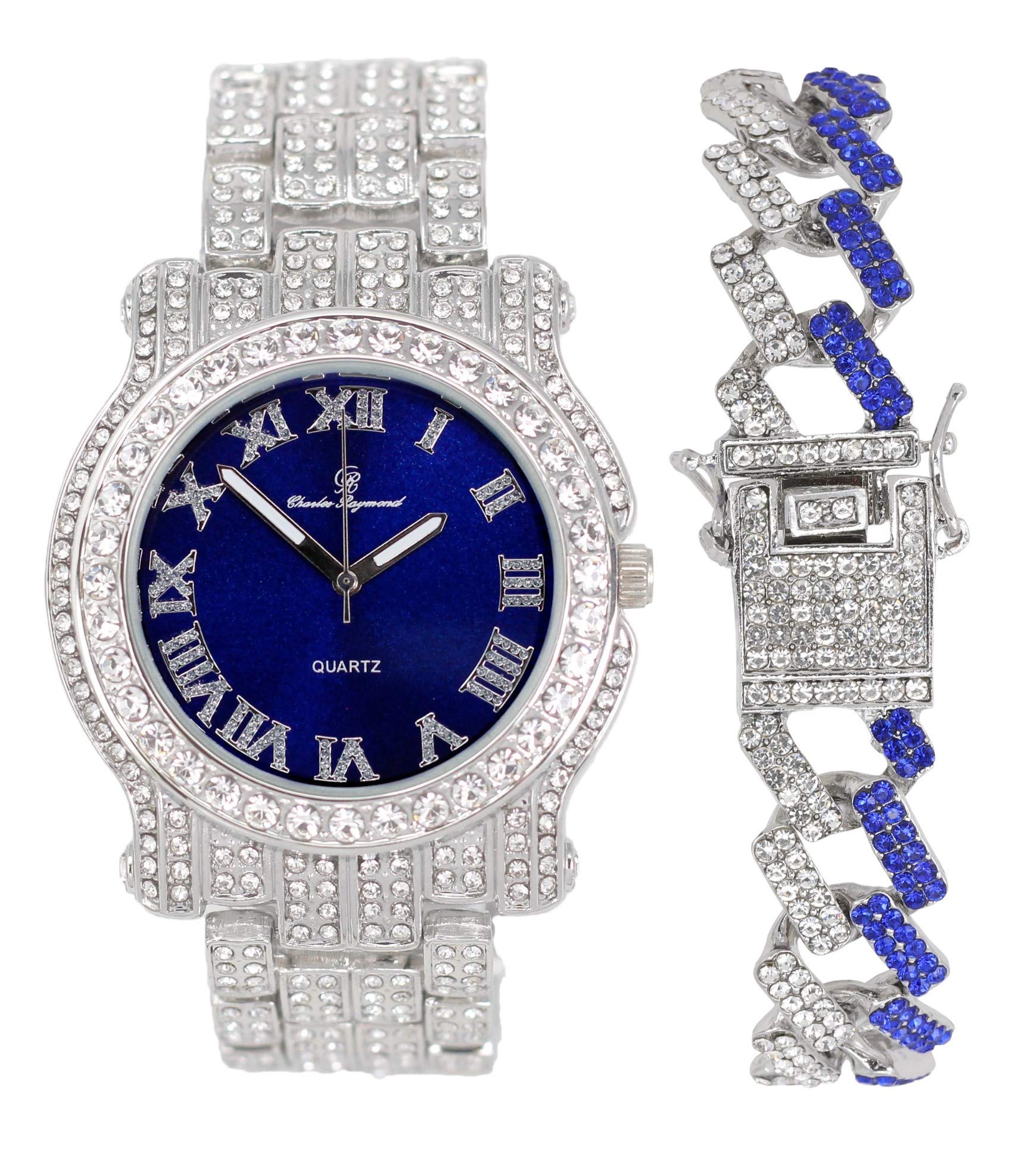 Charles Raymond Bling-ed Out Silver Round Luxury Mens Watch w/Bling-ed Out Bracelet - L0504B, L0504RNB ZZ Silver Royal Blue, mens, L0504B (L0504RNB ZZ Silver Royal Blue)