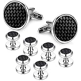 LOYALLOOK 8pcs Mens Carbon Fiber Cufflinks and Shirt Studs Set Tuxedo Shirts Business Wedding Silver Black Gold Tone