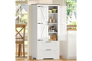 TEENFON 66.2" H Pantry Cabinet, Farmhouse Kitchen Pantry Cabinet with 2 Drawers & Adjustable Shelf, Bathroom Storage Cabinet,