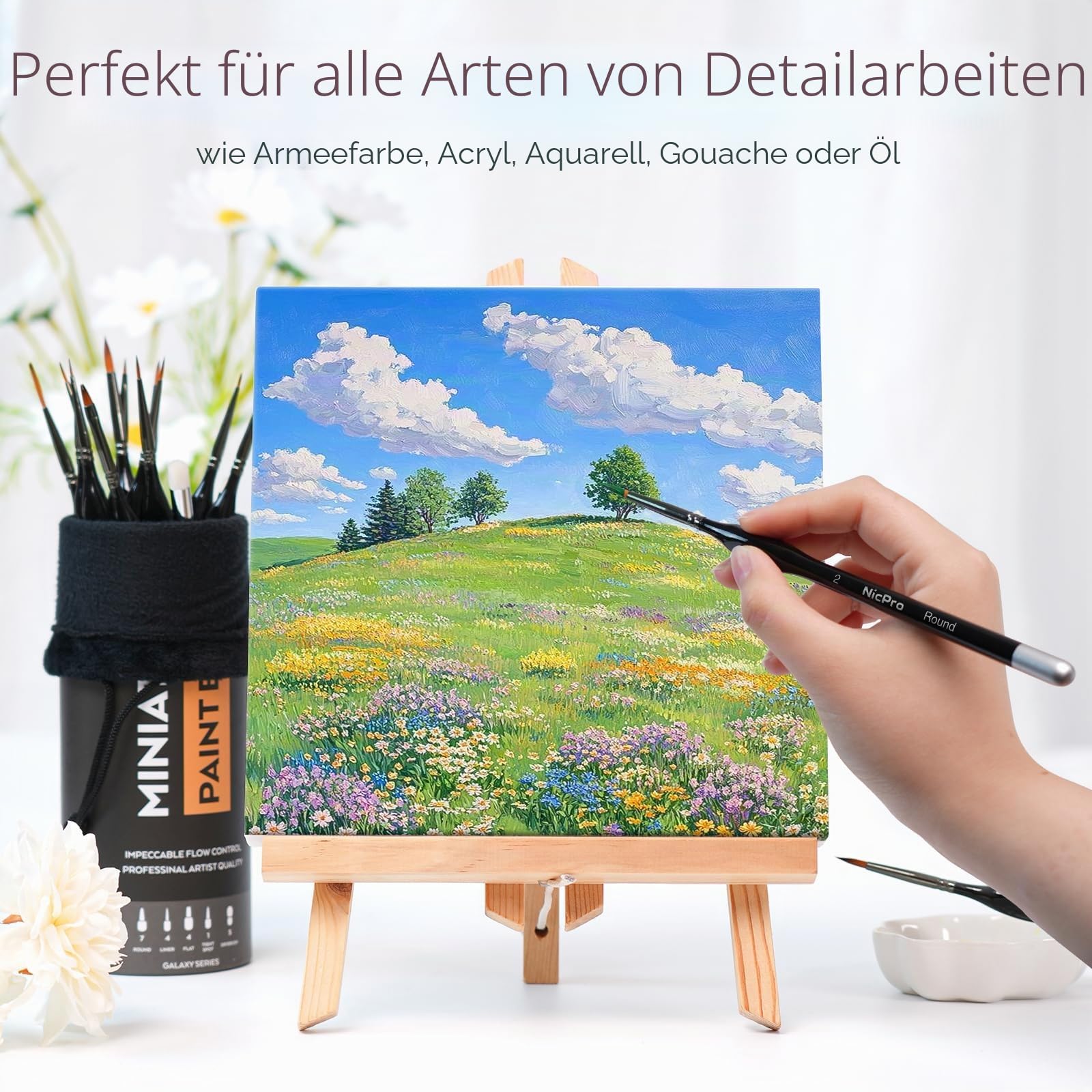 Nicpro Feine Pinselset Drybrush, 21-teiliges Miniatur Pinsel, Fein Detail Modellbau Malen Pinsel und Dry Brush für Acryl, Aquarell, Malen nach Zahlen, Modell, Figur, Pinselset Acrylfarben mit Behälte 5