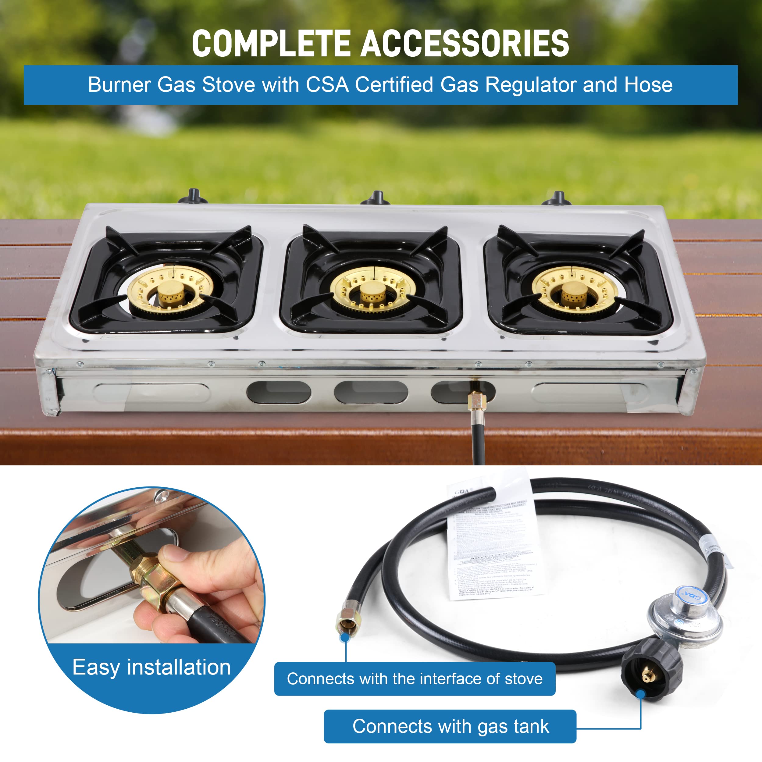 Stainless Steel 3 Burner Propane Gas Stove - Auto Ignition, Portable LPG for RV, Apartment, Outdoor