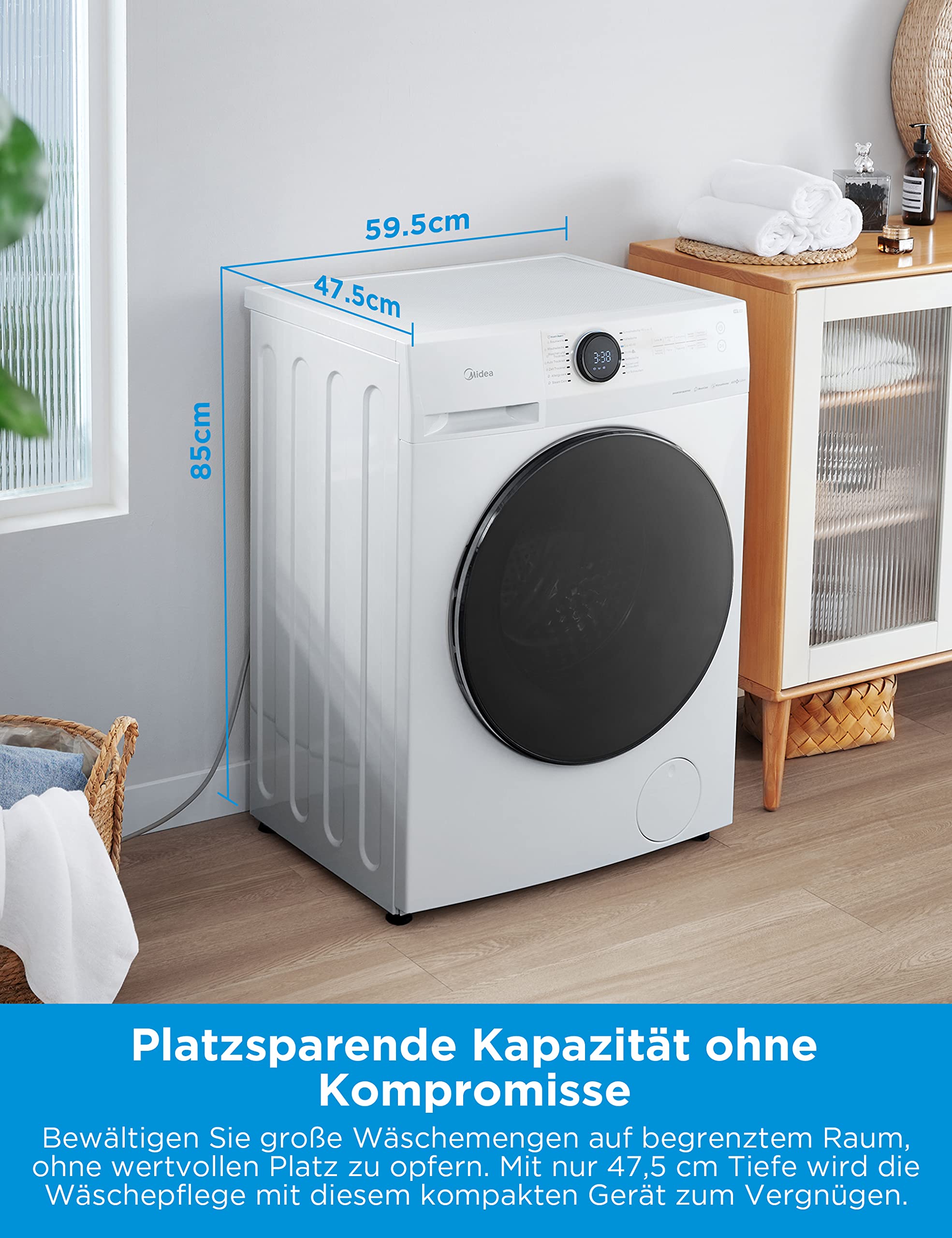 Midea MF200D86WB-14EAS Waschtrokner, 8/6kg Waschen/Trocknen, A, Inverter Mortor, Auffrischen, 60 Min. Waschen & Trocknen, Steam Care, Turbo Wash, 48 cm tief, APP-Steuerung, AquaStop 7