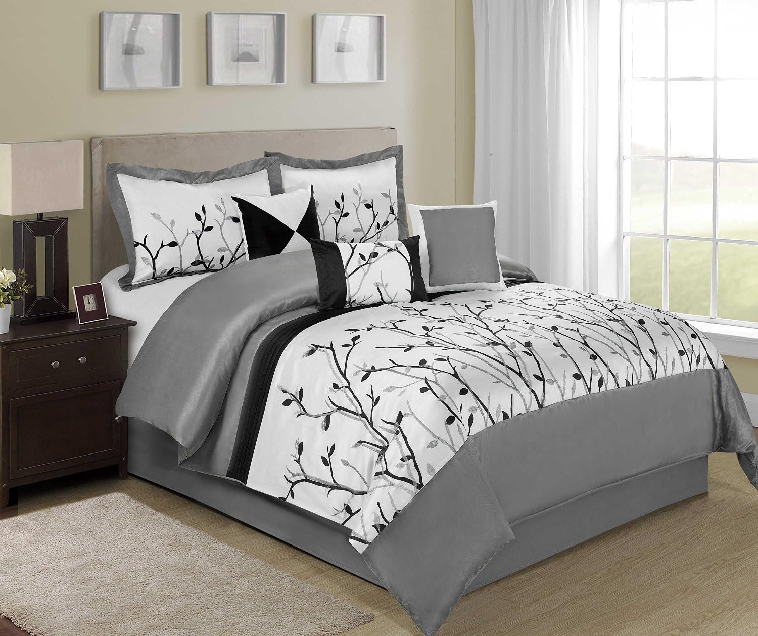 7 Piece Black White Grey Tree Branches Bed in a Bag Comforter Sets Queen (WILLOW)