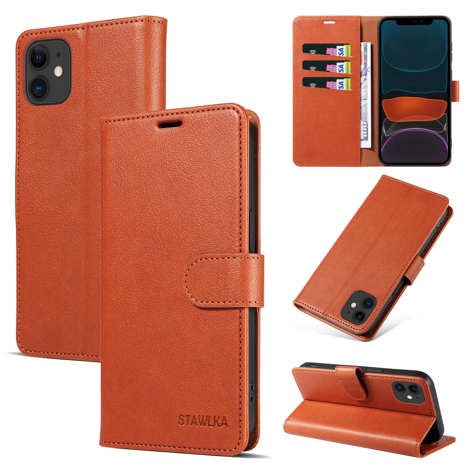 STAWLKA Premium PU Leather Flip Magnetic Buckle Wallet Case Kickstand Blocking RFID Shockproof Protective Phone Cover for iPhone 12/12 Pro - Brown