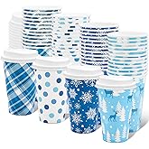JarThenaAMCS Christmas Disposable Coffee Cups with Lids 16 Oz Xmas Blue Paper Cups Plaid Polka Dot Reindeer Snowflake To Go Coffee Cup for Winter Holiday Party Cafe Hot Cold Drinks Supplies, 48 Pcs